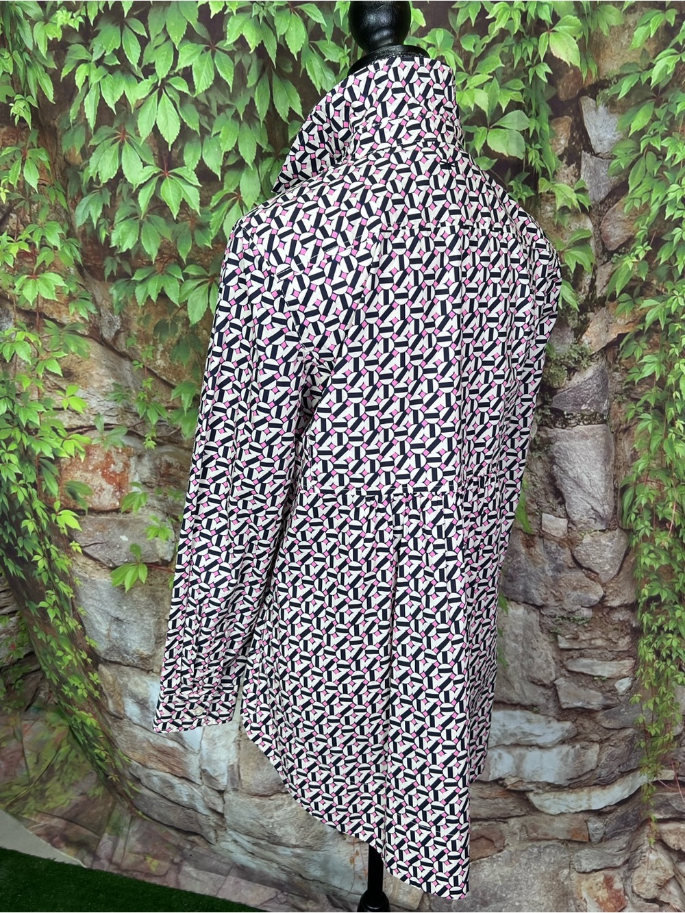 TYLER BOE Navy, Pink, and Cream Preppy Covered Button Front Pleated Yoke Top, 8 - Picture 7 of 16